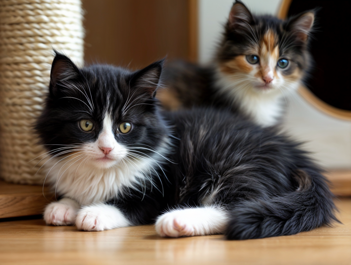 Gatitos British Longhair en Topcats: ternura y elegancia en versión bicolor Dos gatitos British Longhair bicolores, uno negro y blanco en primer plano y otro tricolor en el fondo, descansando en un suelo de madera junto a un rascador.