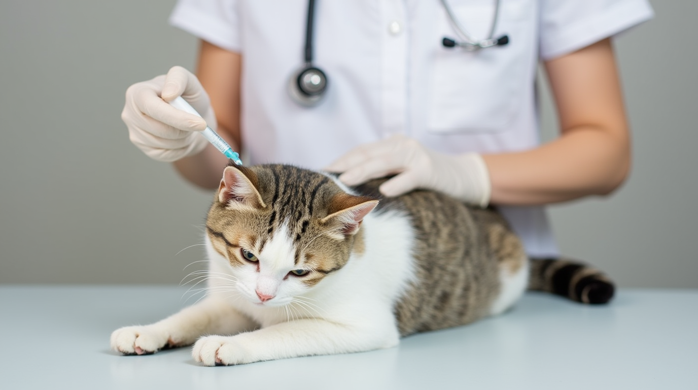 Aplicación de vacunas para gatos en Topcats Veterinario de Topcats administrando vacunas para gatos a un felino blanco y atigrado sobre una mesa de consulta.