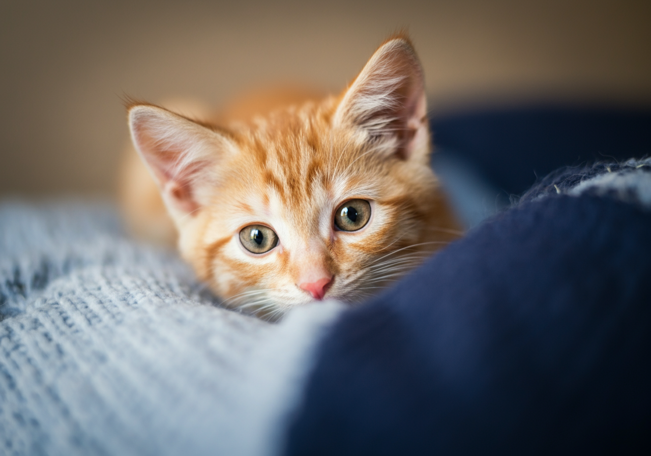 Gatito descansando en casa – Cuánto cuesta mantener un gato con Topcats atito atigrado de pelaje anaranjado tumbado sobre una manta en el interior de un hogar, mirando de forma tierna y tranquila hacia la cámara. Esta imagen refleja el ambiente cálido y acogedor de tener un gato en casa, en el contexto del post sobre cuánto cuesta mantener un gato.
