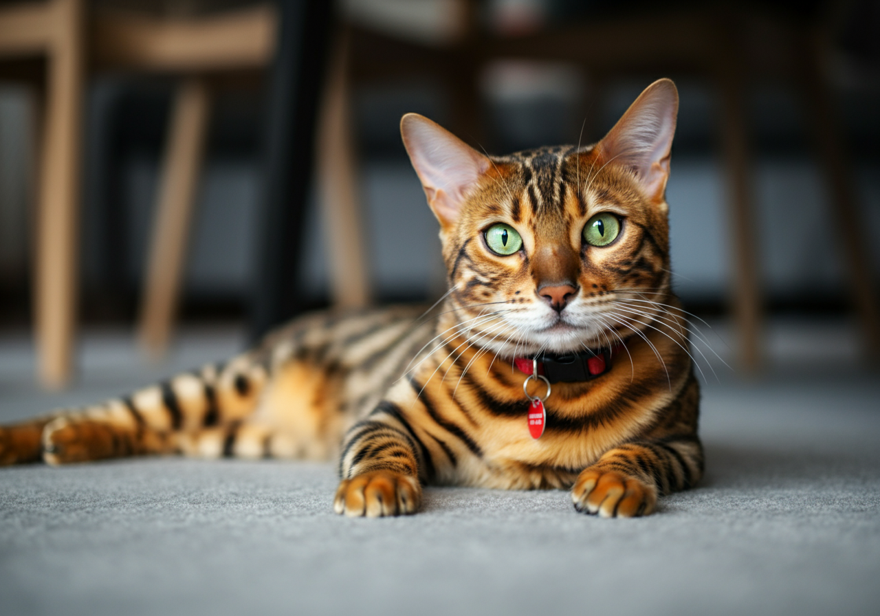 Gato hipoalergénico Bengalí de Topcats descansando bajo la mesa Gato hipoalergénico Bengalí criado por Topcats, tumbado relajado sobre una alfombra gris con su collar rojo, mirada curiosa y patrón atigrado dorad