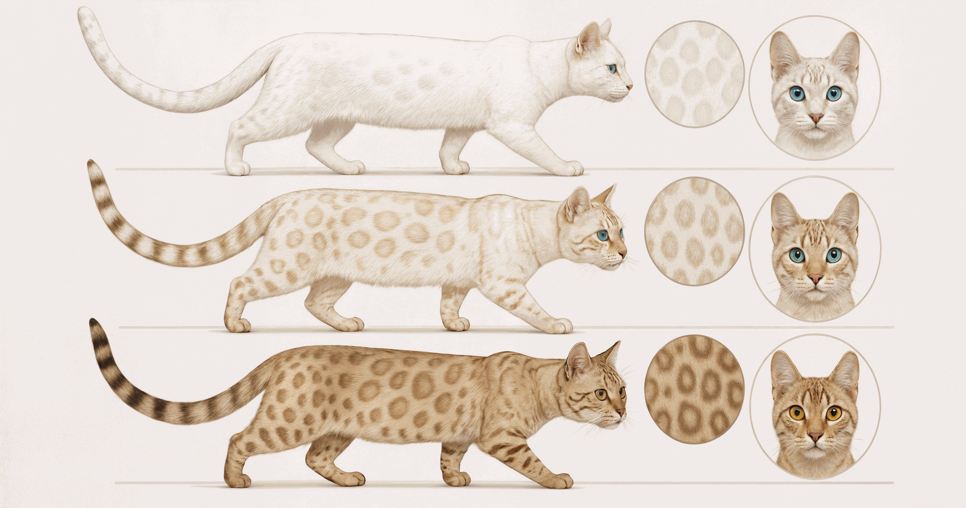 Ilustración comparativa de las tres variedades del gato bengalí blanco en Topcats: Snow Lynx, Snow Mink y Snow Sepia. Se muestran sus colores de pelaje, patrones y colores de ojos característicos. Ideal para identificar visualmente los matices entre estos gatos Snow
