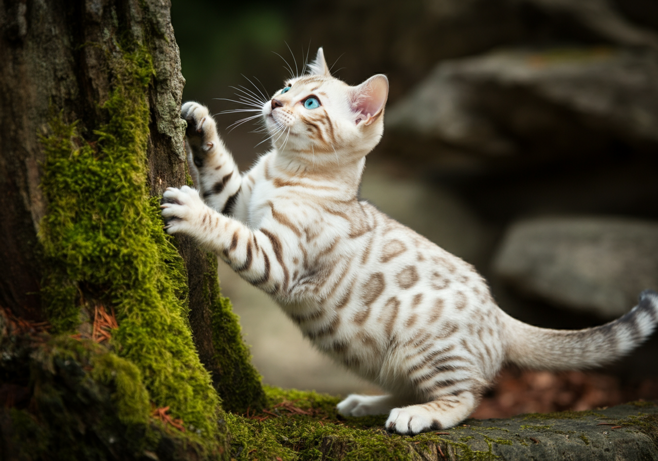 Cachorro de gato bengalí blanco Snow Mink de Topcats sobre un tronco con rocas, mostrando su pelaje crema cálido con rosetas marcadas y ojos aguamarina. Una imagen natural que destaca la belleza y energía del bengalí snow.
