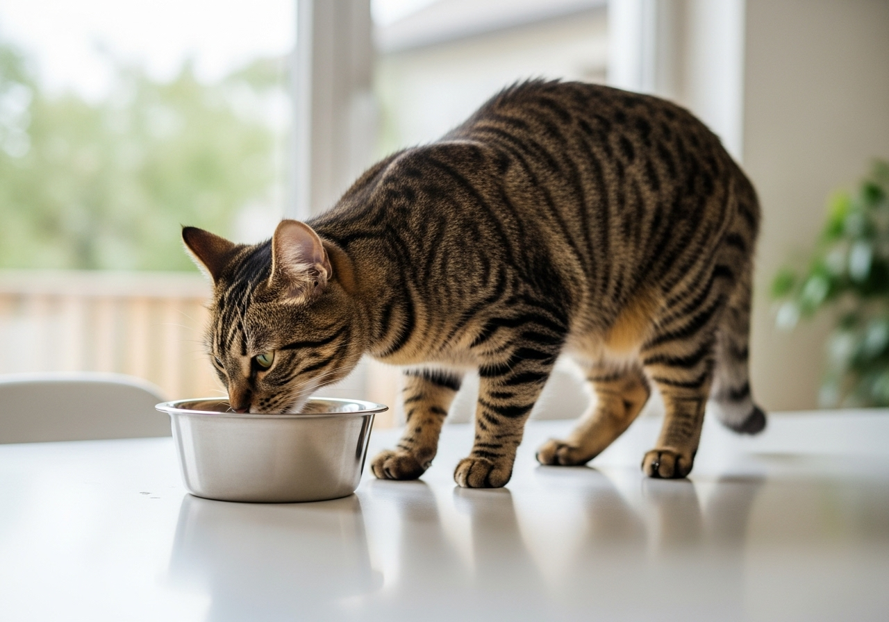Gato atigrado comiendo de un cuenco metálico, en un entorno luminoso, representando el consumo de alimentos con taurina para gatos según las recomendaciones de Topcats.