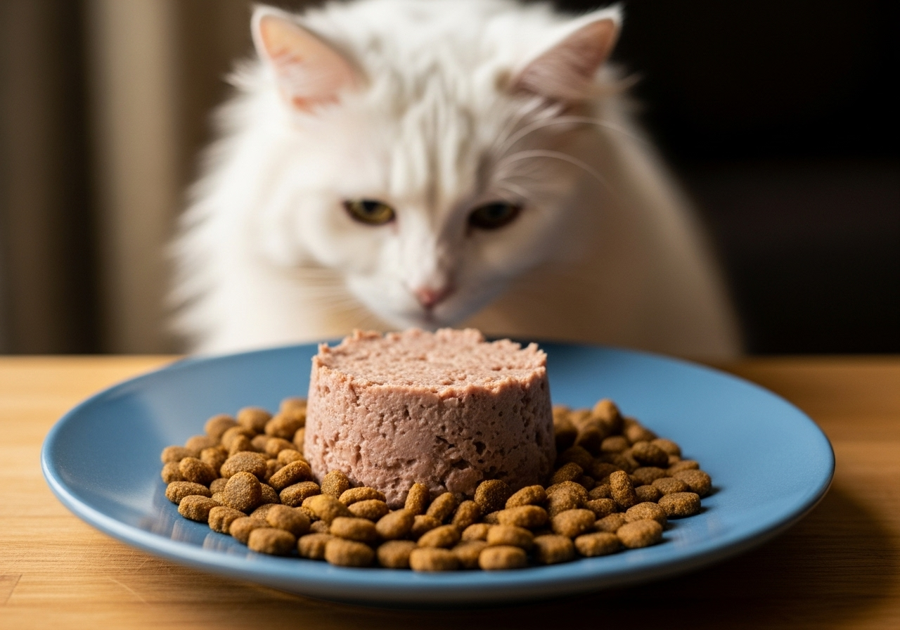 Gato blanco observando con atención un plato azul con comida húmeda y croquetas, representando una dieta equilibrada con taurina para gatos según las recomendaciones nutricionales de Topcats.