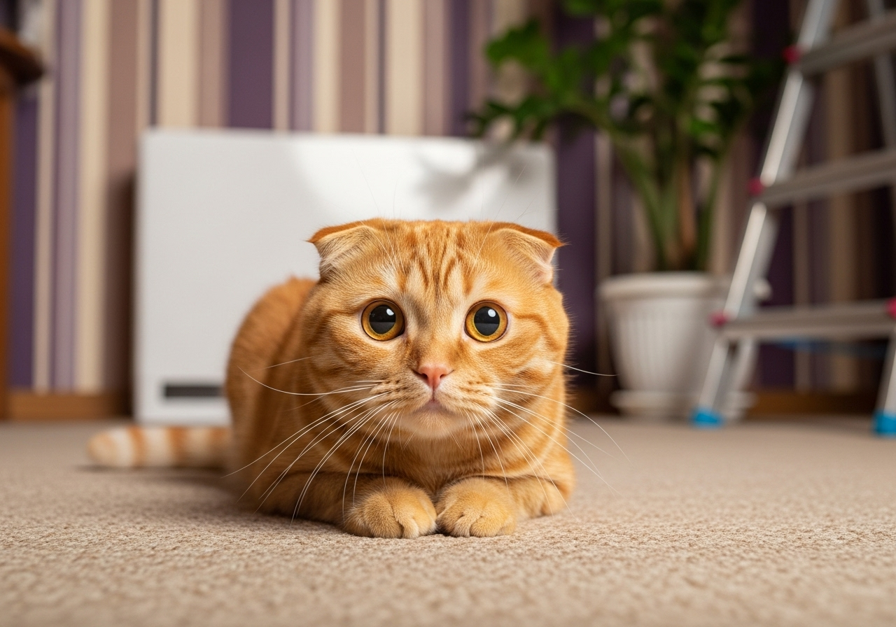 urbasonpara-gatos-scottish-fold-asustado-Topcats Gato scottish fold atigrado color naranja con expresión de susto, tumbado sobre una alfombra en casa; posible reacción alérgica que podría requerir urbasonpara gatos.