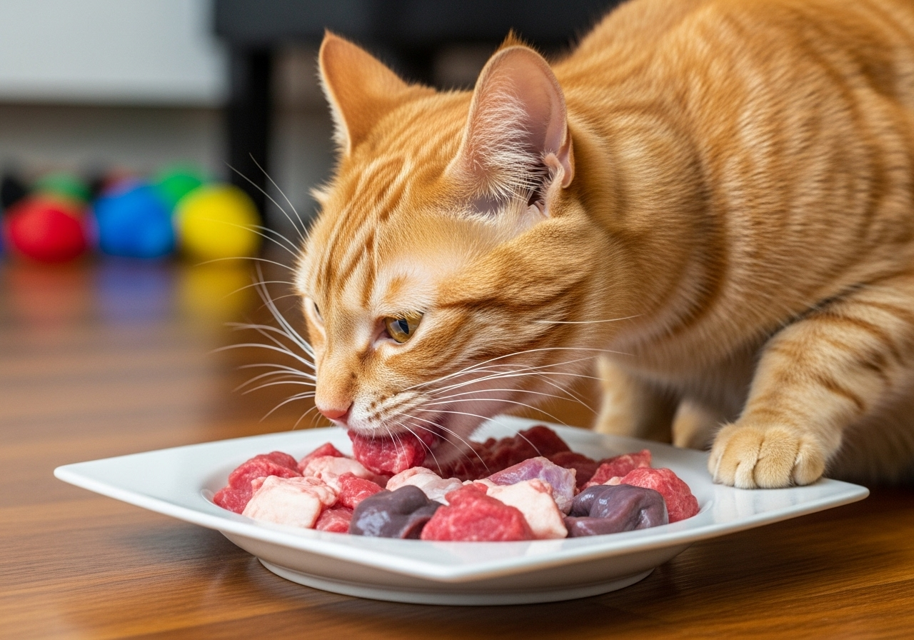 Gato naranja de pelo corto comiendo carne cruda fresca de un plato blanco, representando una dieta natural dentro del artículo sobre qué comen los gatos en Topcats.