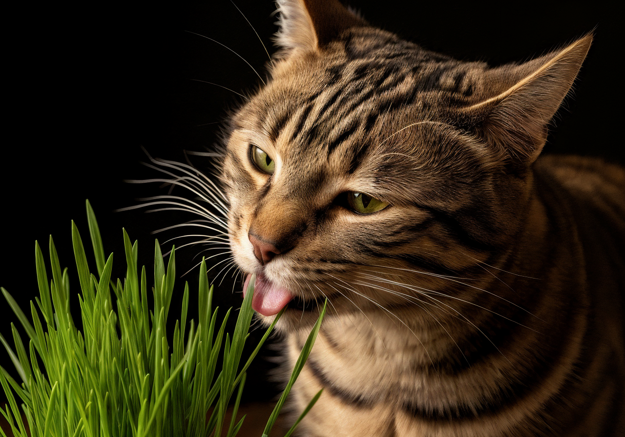 Gato atigrado de pelo corto comiendo hierba fresca