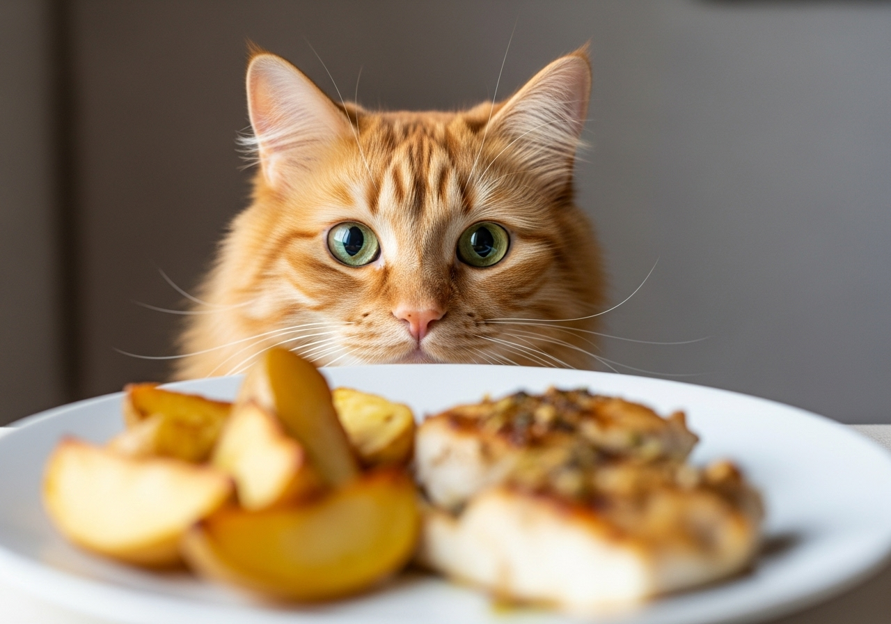 Gato pelirrojo de pelo largo observando con atención un plato con comida humana no apta para felinos, como patatas asadas y restos de pescado cocinado.