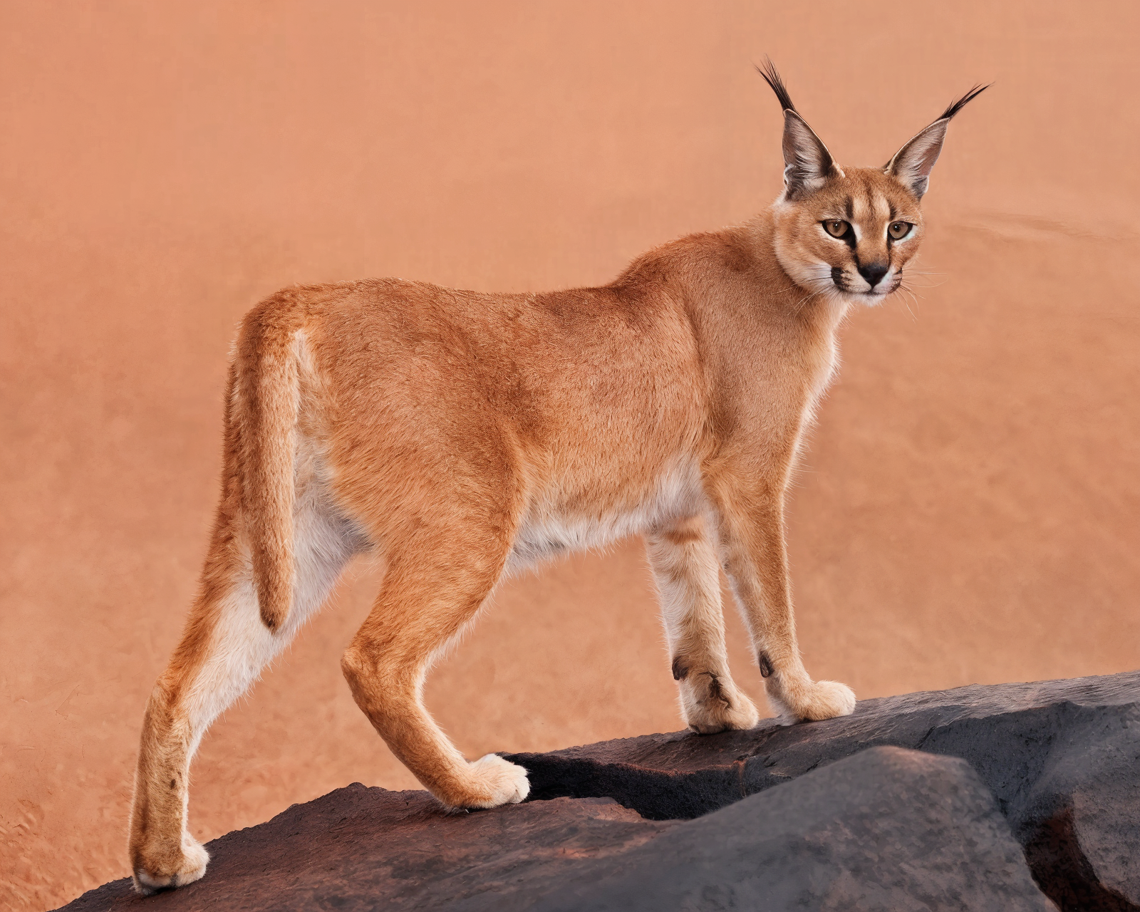 Gato Caracal – Topcats y los gatos más caros del mundo Gato Caracal de Topcats en un paisaje desértico, con pelaje rojizo, cuerpo musculado y orejas negras con penachos largos.