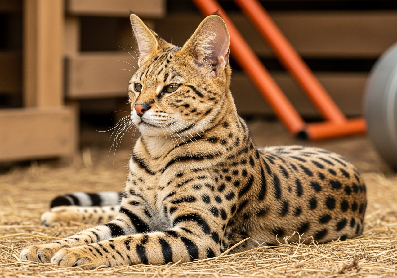 Gato tigre Savannah de Topcats descansando al aire libre Gato tigre Savannah de Topcats tumbado sobre la hierba seca, con pelaje moteado y rayado que recuerda a un felino salvaje.