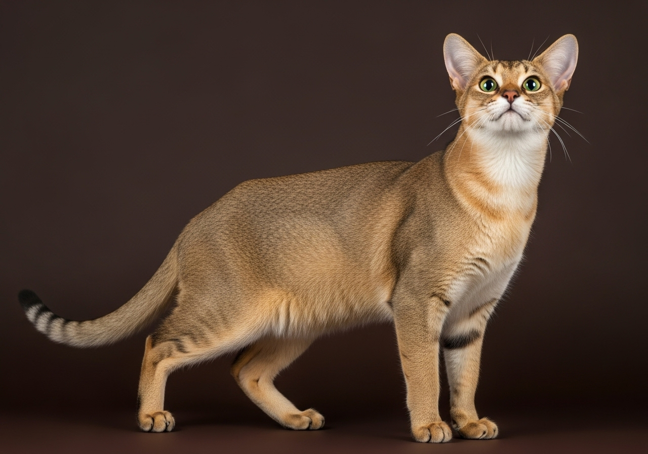 Descubre más sobre este gato tigre y otras razas felinas exóticas en Topcats. Gato tigre Chausie de Topcats con cuerpo alargado y pelaje marrón dorado, posando elegante sobre fondo oscuro.